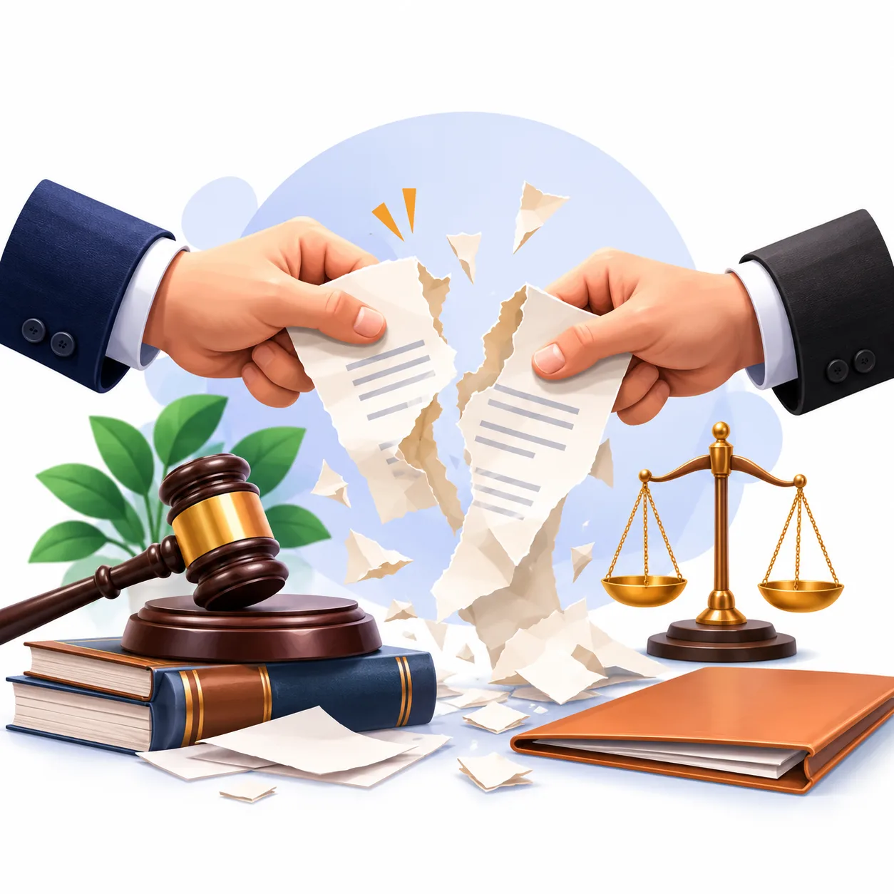 Illustration of two hands tearing a contract apart beside a gavel and the scales of justice